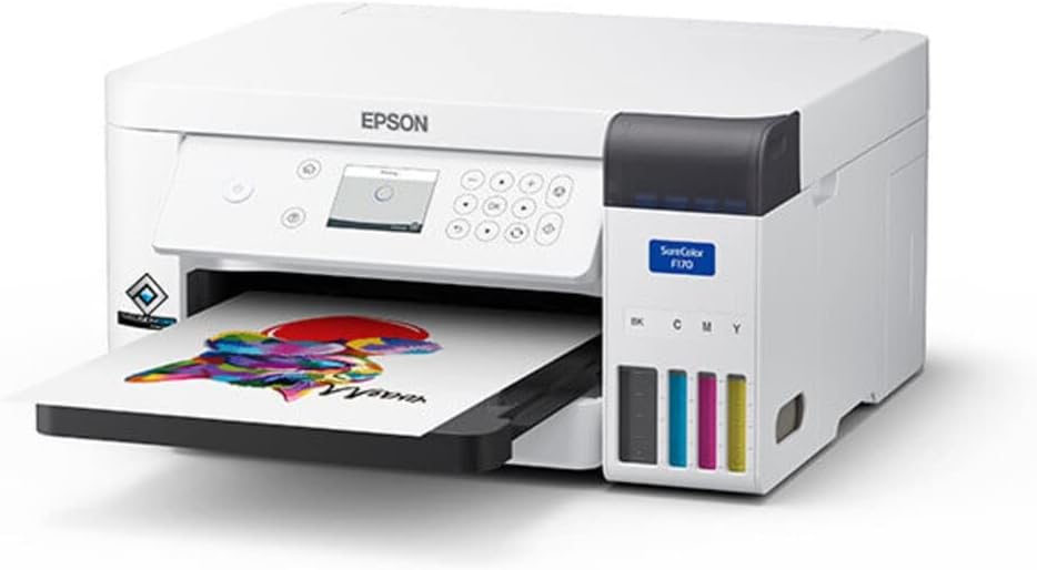 Epson F170 Cartridge-Free eco Supertank Sublimation Color Printer Starter Bundle. Free Mini Iron Heat Press Machine, 8.5"x 11" 10 Sheets Free Sublimation Paper and 1 Heat Resistant Tape.