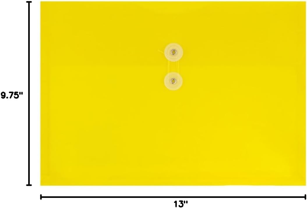 JAM PAPER Plastic Envelopes with Button & String Tie Closure - Letter Booklet - 9 3/4 x 13 - Yellow - 12/Pack