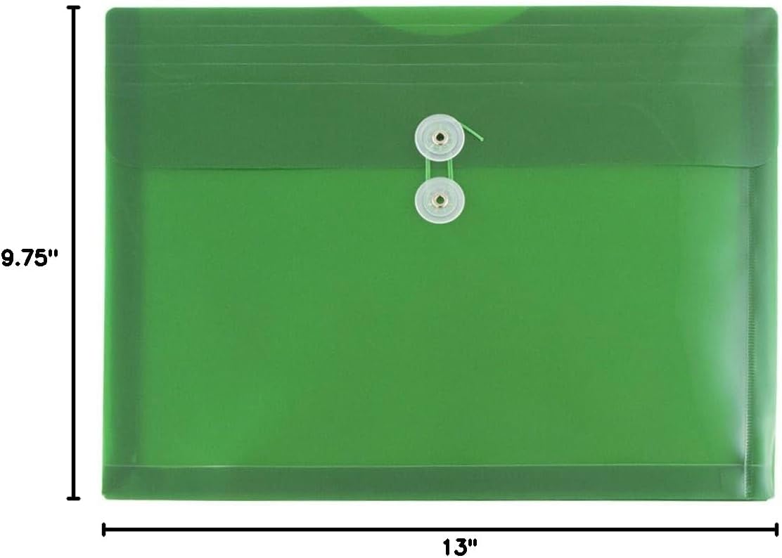 JAM PAPER Plastic Envelopes with Button & String Tie Closure - Letter Booklet - 9 3/4 x 13 - Green - 3/Pack