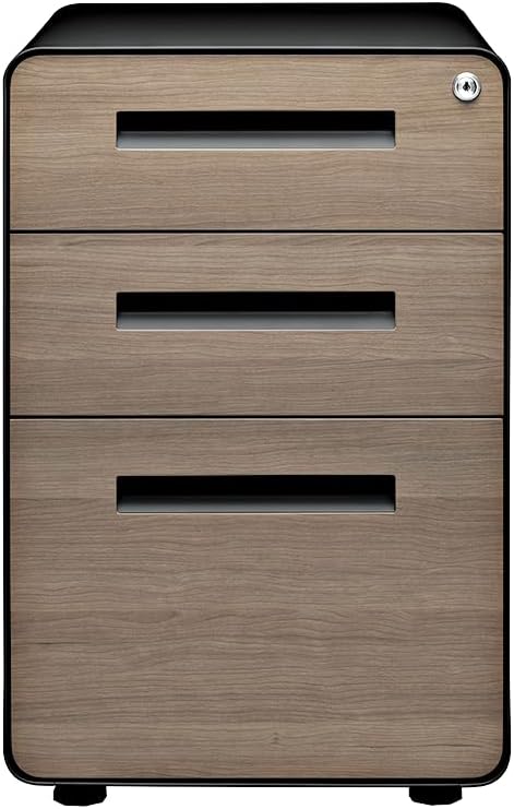 Laura Davidson Furniture Stockpile 3 Drawer File Cabinet with Lock - Under Office Desk Metal Filing Cabinet, Legal/Letter File Folders, Wheels and Stationary Feet, Pre-Assembled, Black/Wood