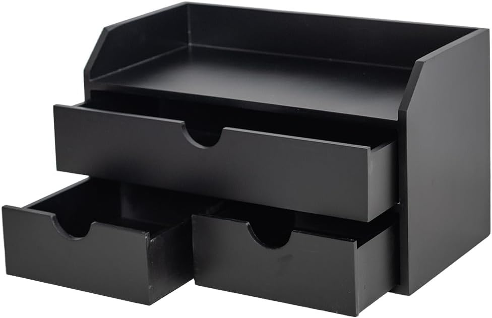 ROSE BLOOM Black Wood Desk Organizer with 3 Drawer, Mini Cute Cabinet with Storage Shelf for Tabletop, Small Desktop Box Organizer for Cosmetic Office Supplies