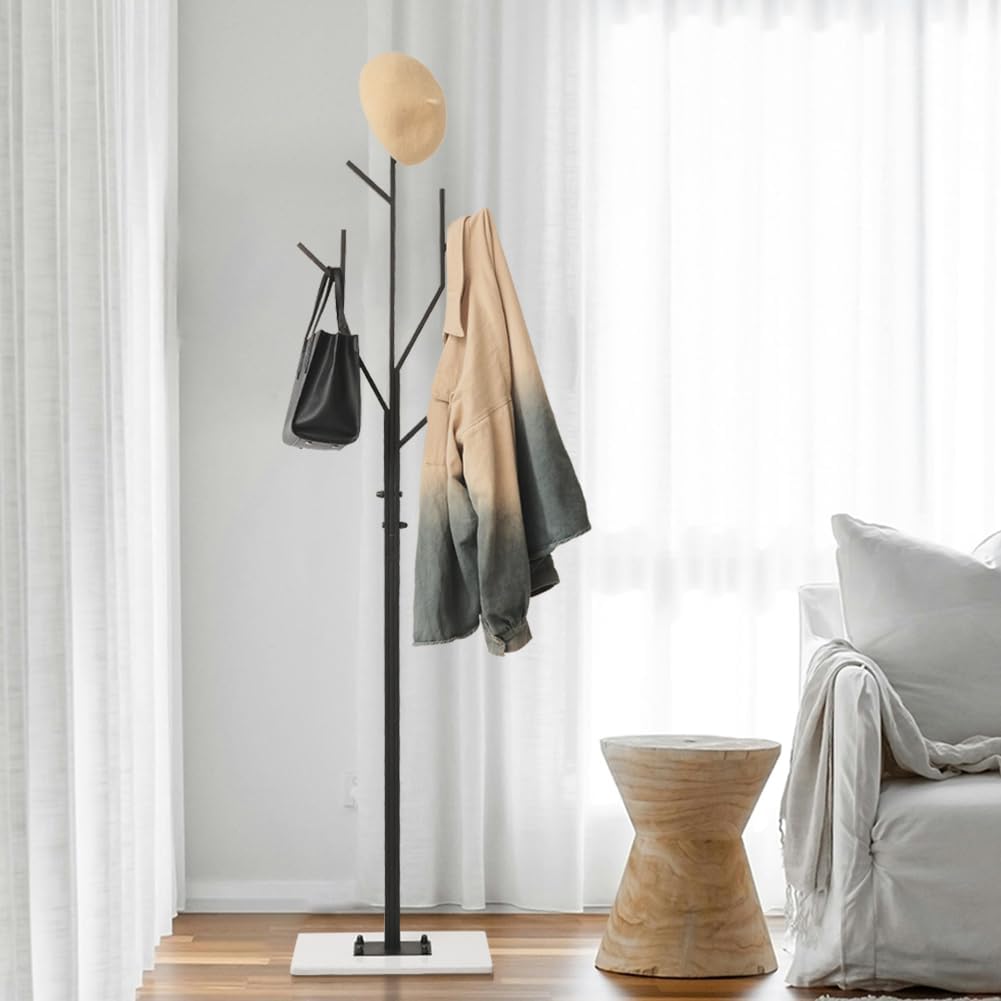 Marble Base Metal Clothing Coat Rack Stand for Hanging Clothes Bedroom Standing Rack Heavy Duty Coat Hanger Freestanding Tree Coat Racks Hallway Entrance Office Hats Coats Scarves Handbags