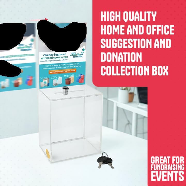 Clear Donation Box for Fundraising with Lock & Display Sign Holder, Raffle Box, Tip Box, Secure Ballot Box and Suggestion Box with slot, Extra large Ticket Box size 16" x 8" x 6" (2 pack)