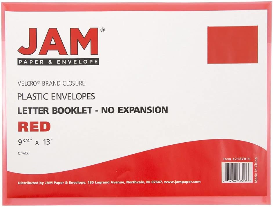 JAM PAPER Plastic Envelopes with Hook & Loop Closure - Legal Booklet - 9 3/4 x 14 1/2 - Red - 12/Pack