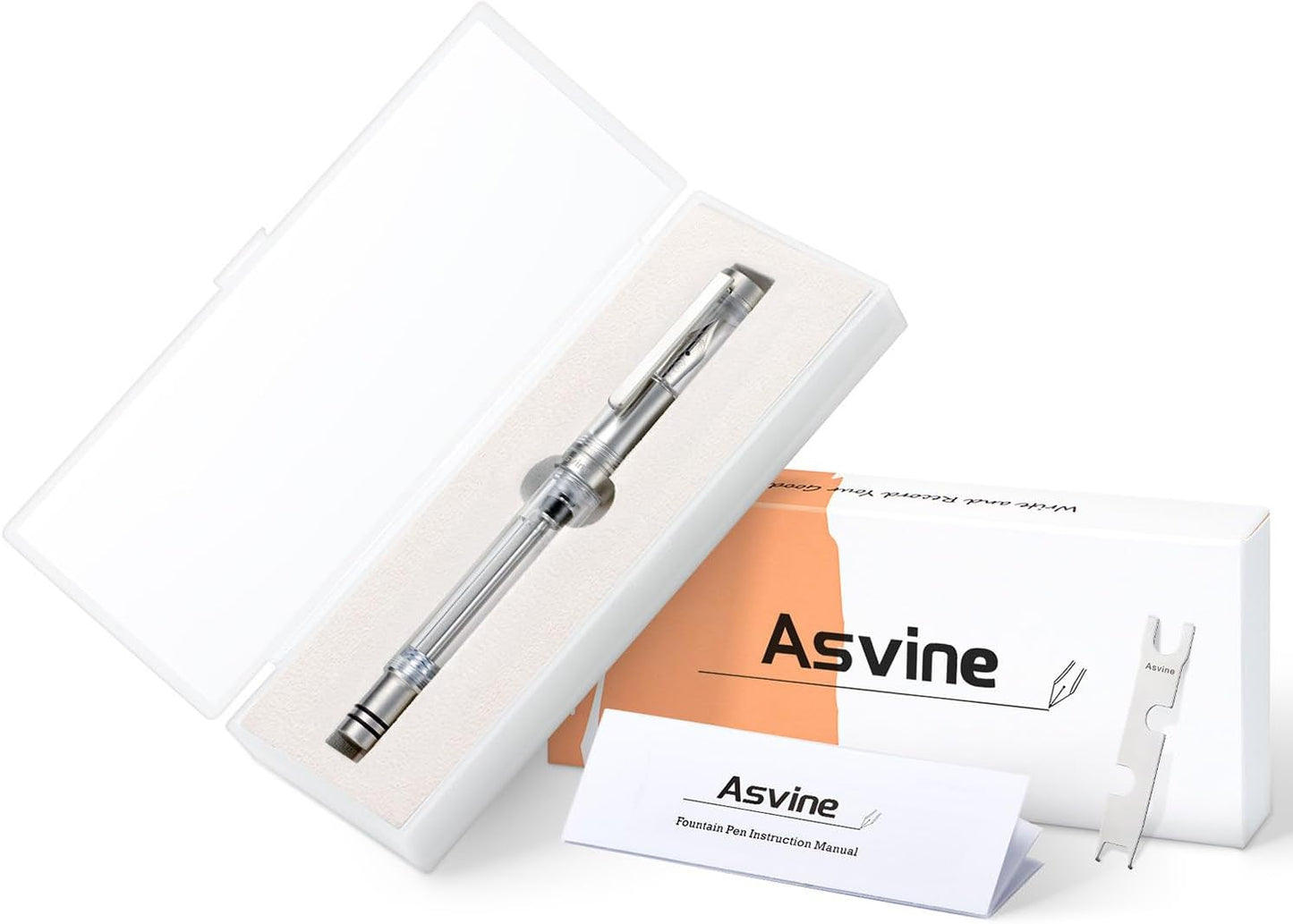 Asvine Vacuum Filling Fountain Pen Luxury Titanium Fine Point Pen V200 Series, Clear Demonstrator Smooth Writing Pen Gift Case