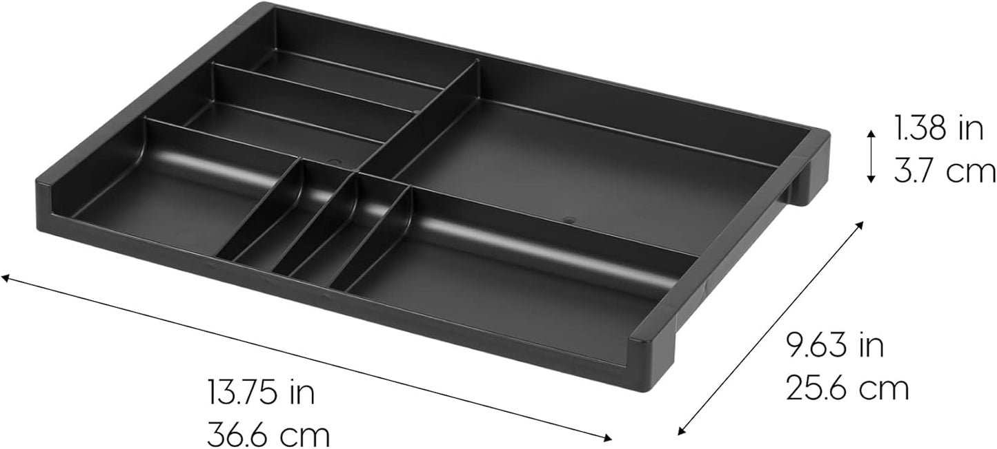 IRIS USA 14" x 10" Stacking Desktop Organizer Tray with Built-In Divider, 8 Pack, Plastic Storage Container for Stationery Art Craft Supplies Office Desk Drawer and Small Business Organization, Black