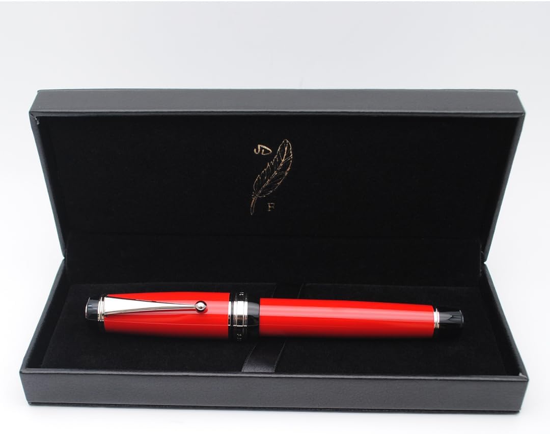 Metal Big Fountain Pen Set Medium Nib 0.7mm, Includes Ink Refill Converter, 5 Ink Cartridges & Gift Box (Medium Nib 0.7mm, Red with Silvery Clip)