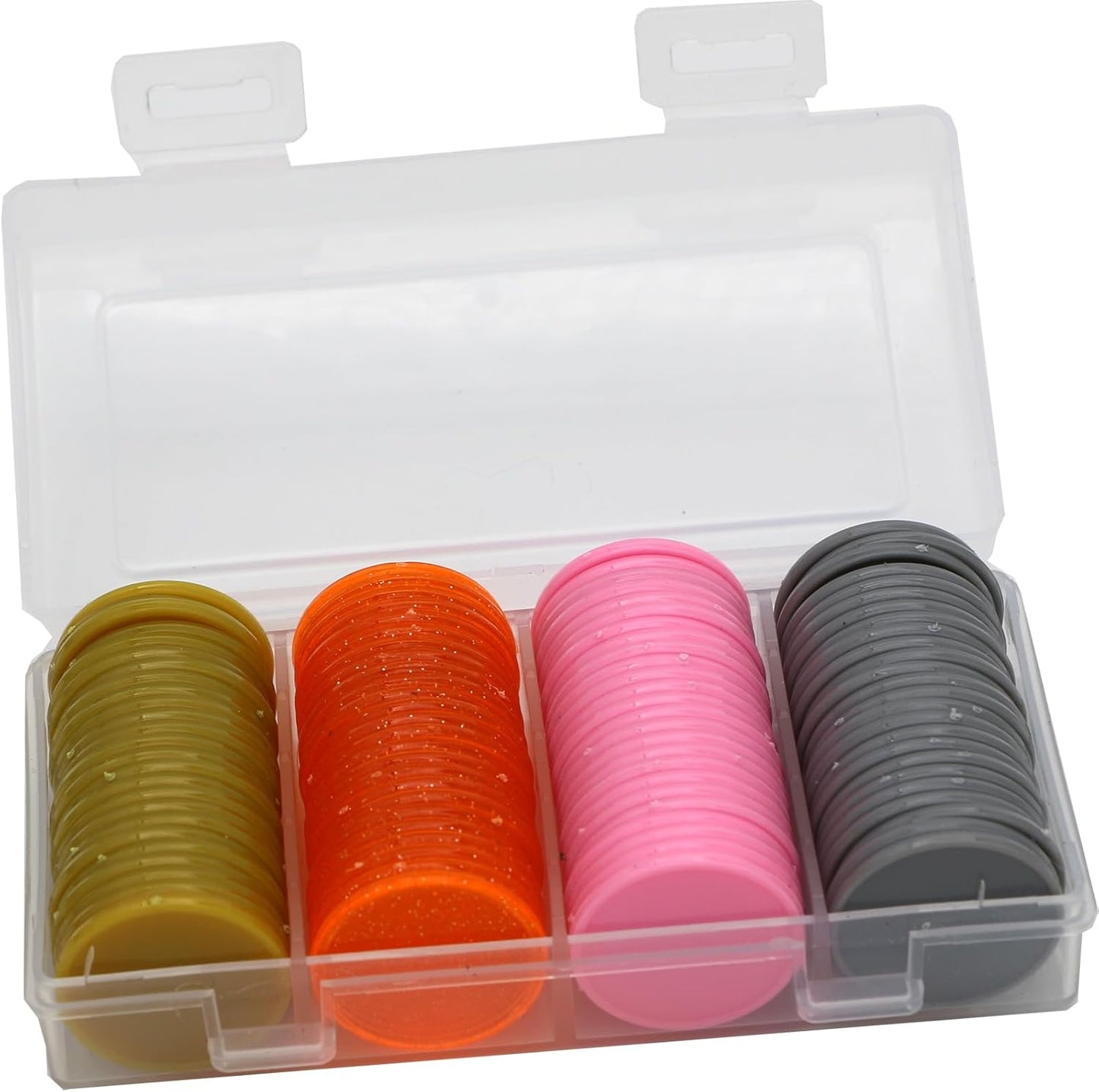 Set of 100 Opaque Plastic Learning Counters Mini Poker Chips Game Tokens with Storage Box (Goldenrod+Pink+Gray+Starry Orange, 1.26 Inch)