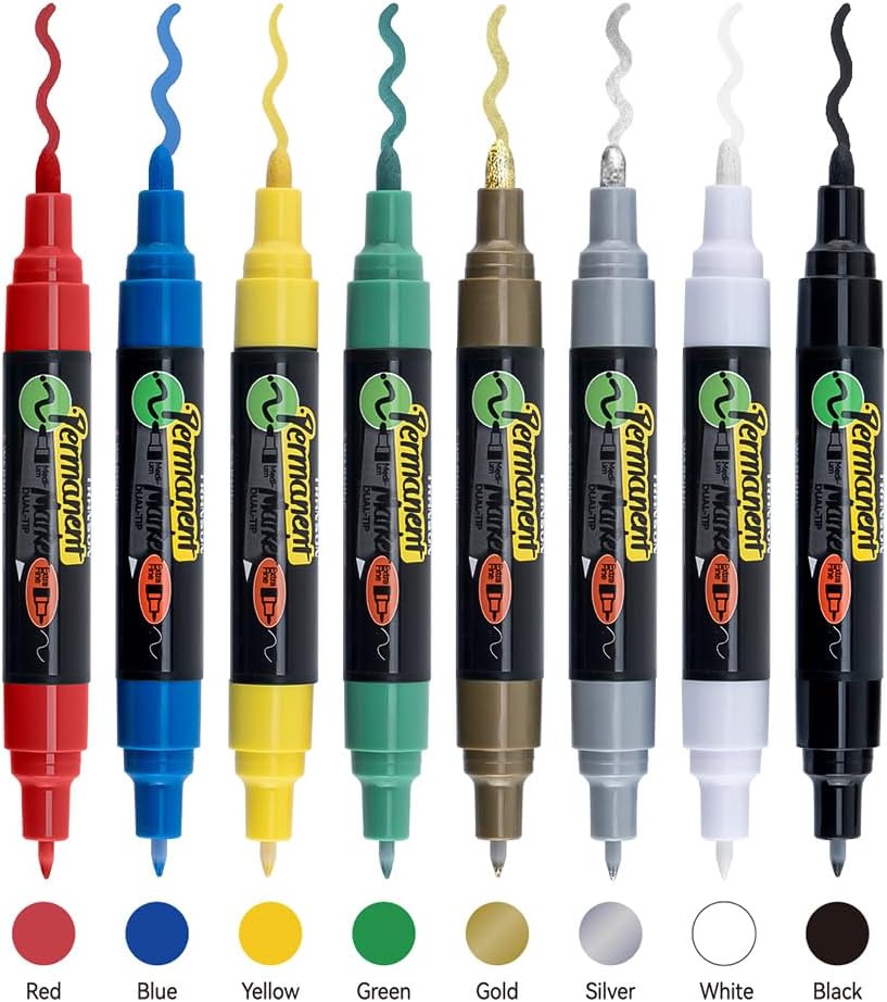 TRANSON 8 Colors Dual-tip Permanent Paint Markers Oil Based Waterproof
