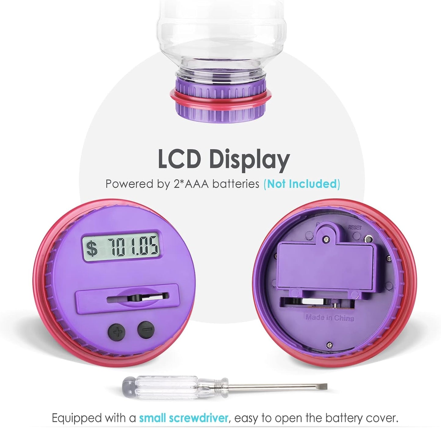 Large Piggy Bank for Adults Kids, Vcertcpl Digital Coin Counting Bank with LCD Counter, 1.8L Capacity Coin Bank Money Jar for Adults, Designed for All US Coins (Purple)