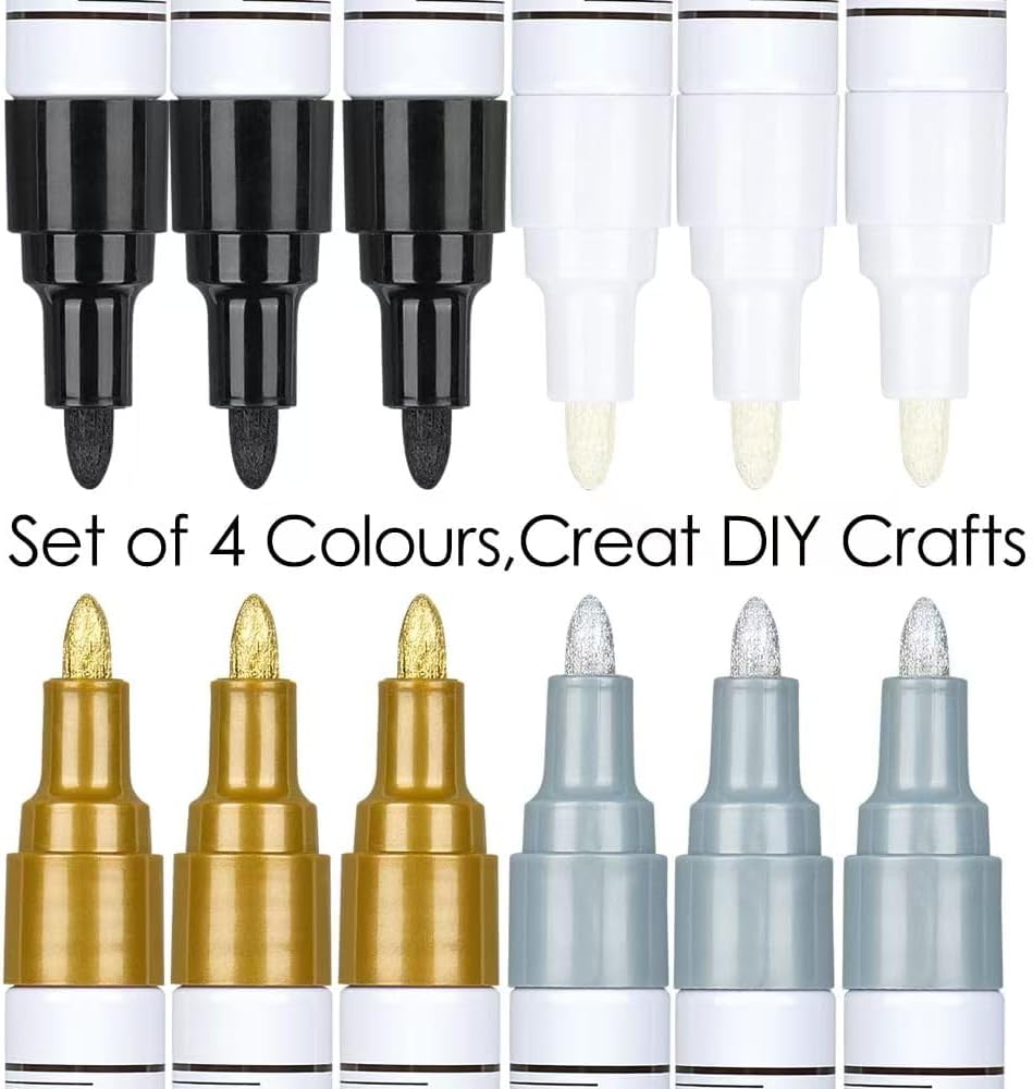Oil Based Paint Pens,12 Pack Permanent Quick-Dry Paint Markers for Rock, Metal, Glass, Fabric, Wood, Plastic, Ceramic, Stone - Waterproof Art Supplies for DIY Crafts (Black,White,Gold,Sliver)