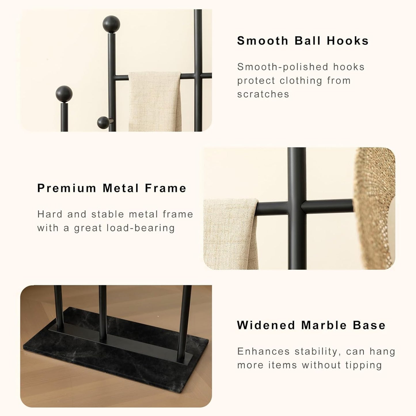 Metal Freestanding Coat Rack with Marble Base Heavy Duty Clothes Rack Coat Tree Stand Hat Rack for Corner Bedroom Entryway Living Room Hotel 19.69 x 11.02 x 68.9 Inches (Black)