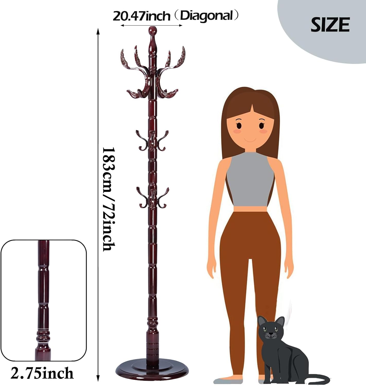 Coat Racks Free Standing with 14 Hooks, Natural Wood Coat Stands for Entryway, Adjustable Height 72 in Tree Coat Rack Stand for Hallway Home Office Bedroom (Mahogany Phoenix)