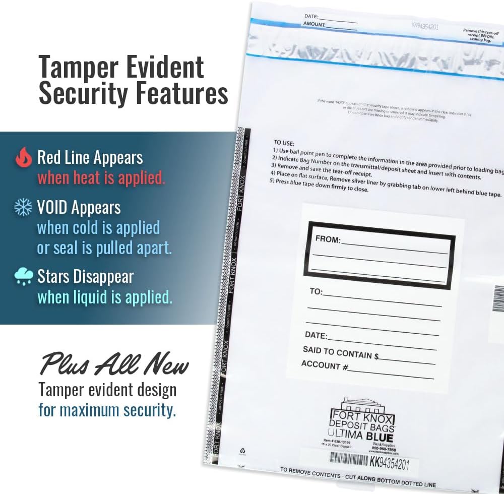 BankSupplies Ultima Blue White Deposit Bags | 9W x 12H | Pack of 500 | Discreet, Opaque, Secure | Tamper Evident Tape | Captive Flap Closure | Security Deposit Bag