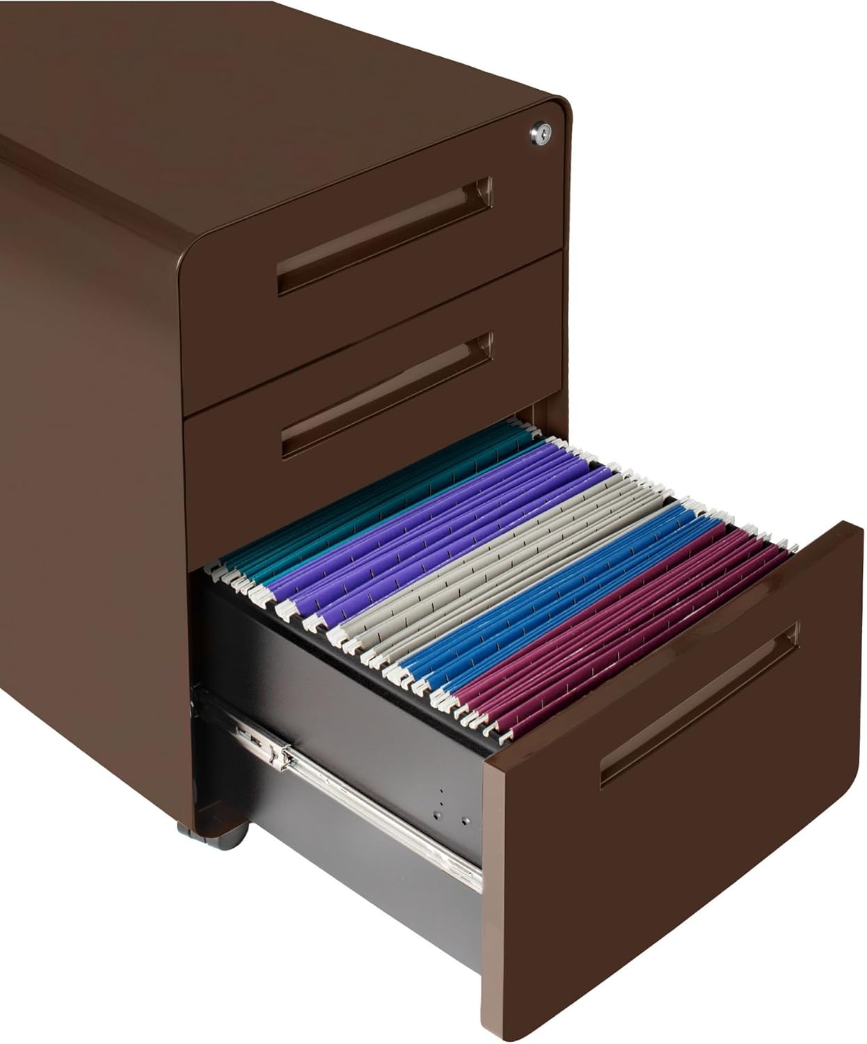 Laura Davidson Furniture Stockpile 3 Drawer File Cabinet with Lock - Under Office Desk Metal Filing Cabinet, Legal/Letter File Folders, Wheels and Stationary Feet, Pre-Assembled, Dark Brown