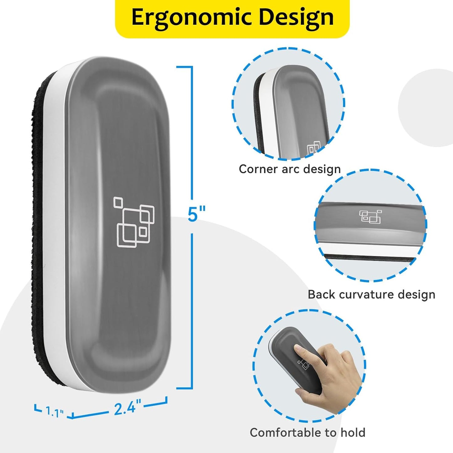 maxtek Dry Erase Eraser, Magnetic White Board Erasers - 2 Pack, Glass Whiteboard Eraser for Office and School Supplies (Gray)