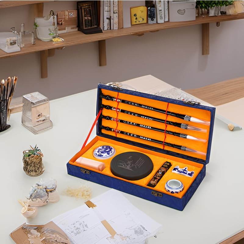 MEGREZ Chinese Calligraphy Set for Beginners, Comes with Calligraphy & Sumi Brushes,Calligraphy Ink Stick and Ink Stone for Writing and Drawing, Blue Gift Box(10 Items)