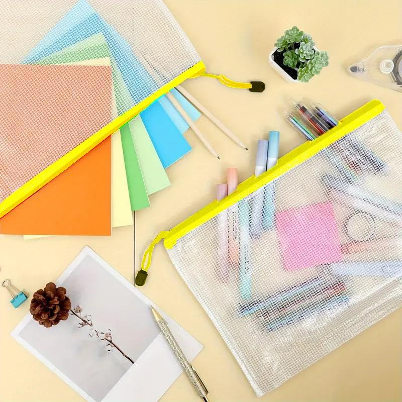 Mesh Zipper Pouch Bag,A3 Zipper Bag for Organizing Storage, Waterproof Zipper Pouch, 17" x 12"/44cm x 32cm, File Bag for School and Office Supplies (Yellow)