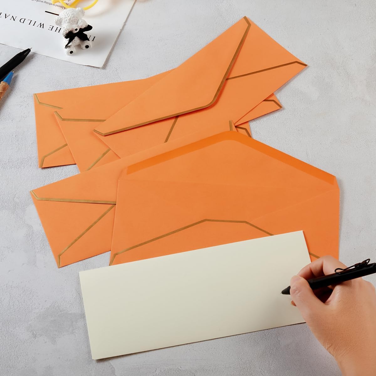 30 Pack Thick #10 Business Envelopes with Gold Border, 4 1/8 x 9 1/2 Thick Paper Standard Envelopes with Stickers for Office, Checks, Letter Mailing, Invoices (Dark Orange)