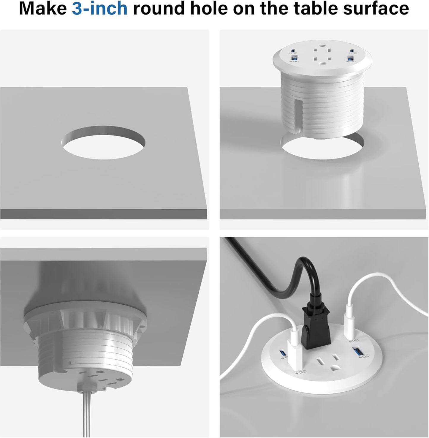 Jgstkcity Power Strip,Flush Mount Recessed Power Grommet,65W USB C Fast Charging,3-Inch Hole, 4 Outlets & 4 Ports, Ideal for Desktop & Countertop Outlet,Dual-Sided (White, 10FT)