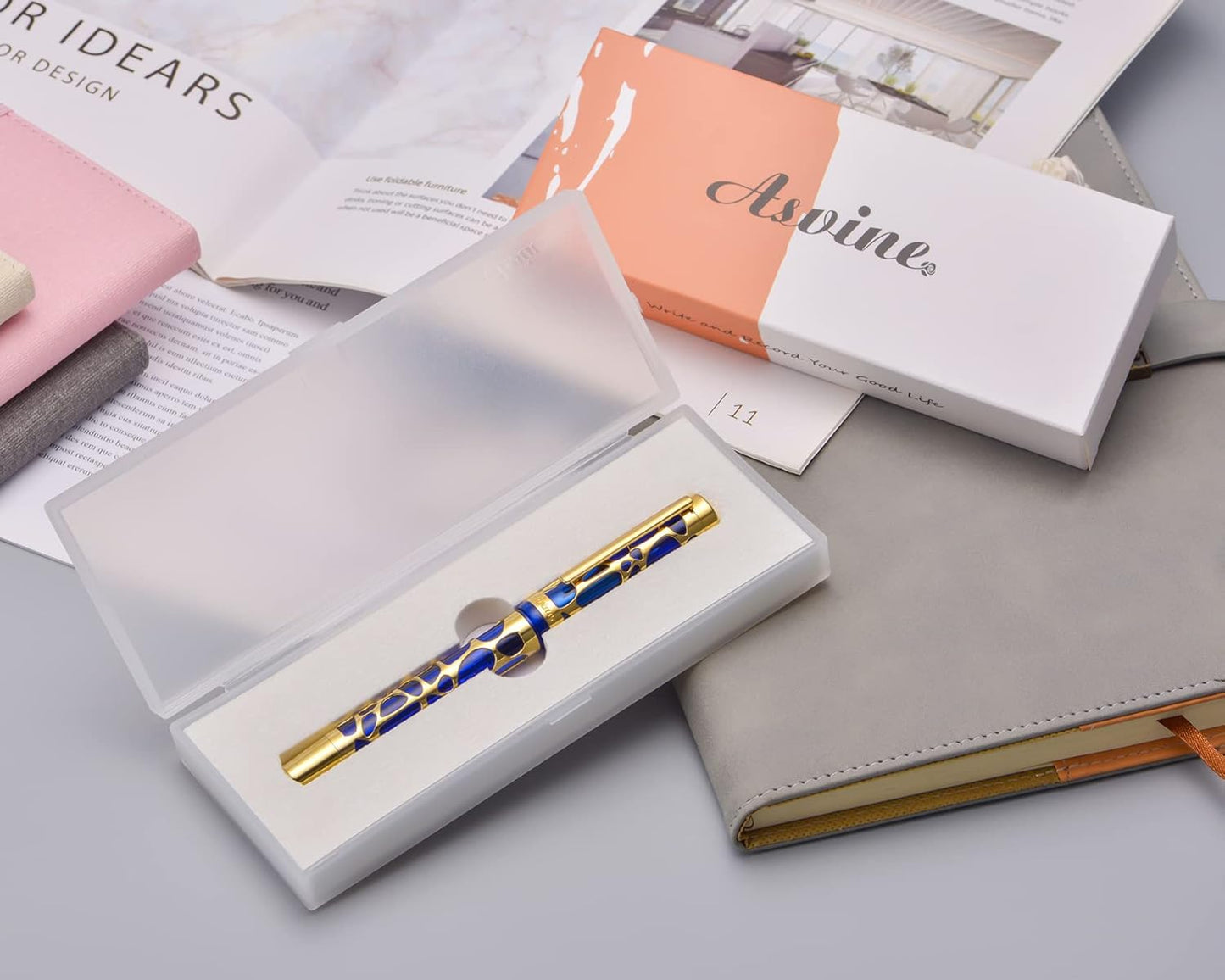 Asvine V169 Vacuum Filling Fountain Pen Fine Nib, Water Drop Skeleton Gold Trim Transparent Blue Acrylic Pen Case Set