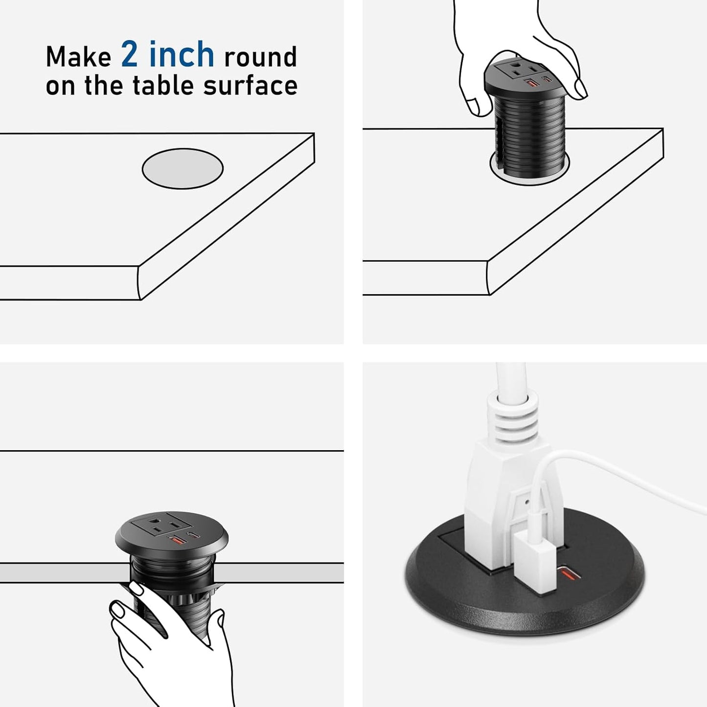 Desktop Power Grommet, 2 inch, USB C PD 20W Fast Charging Station, Desk Hole Outlet,ETL Listed (2, 6 FT Cable)