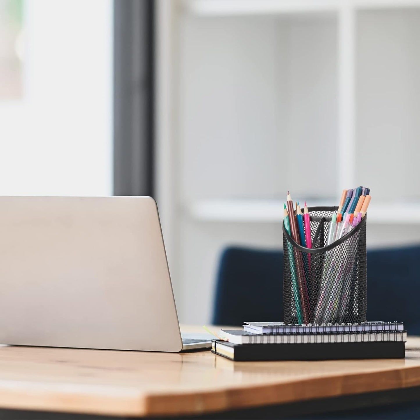 2 Pack Pen Holder Mesh Round Pencil Holder Desktop Organizer 3 Compartments, Black