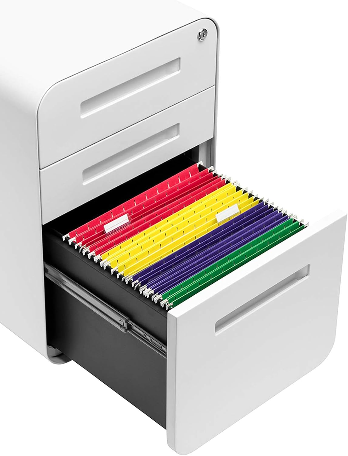 Laura Davidson Furniture Stockpile 3 Drawer File Cabinet with Lock - Under Office Desk Metal Filing Cabinet, Legal/Letter File Folders, Wheels and Stationary Feet, Pre-Assembled, White