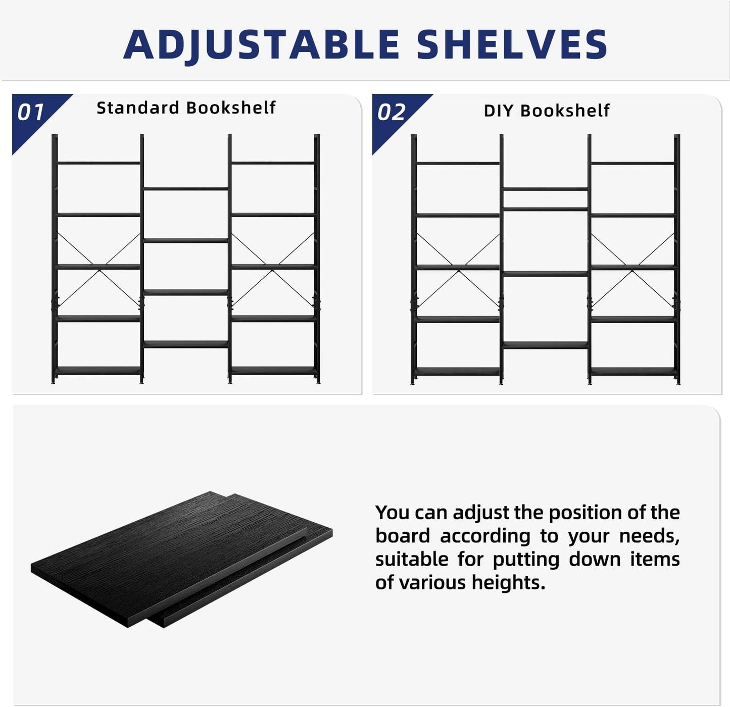 NUMENN Triple 5 Tier Bookshelf, Wide Book Shelf with 14 Open Display Shelves, Modern Tall Bookcase Furniture for Living Room Home Office, Black