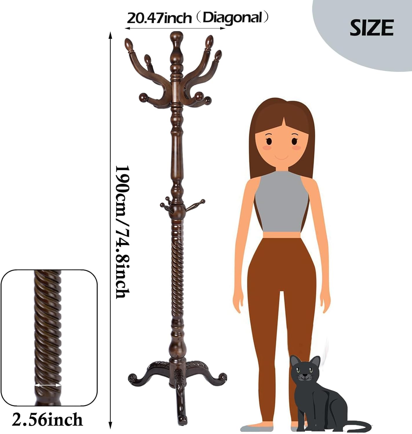 Coat Racks Free Standing with 14 Hooks, Natural Wood Coat Stands for Entryway, Adjustable Height 73 in Tree Coat Rack Stand for Hallway Home Office Bedroom (Dark Brown Triangle)