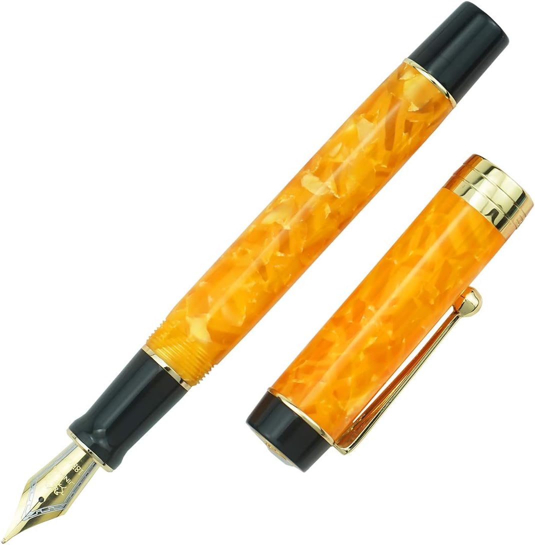 Jinhao 100 Fountain Pen Celluloid Classic Style, #6 Nib Smooth Writing Instrument with Refillable Converter and Pen Case Set
