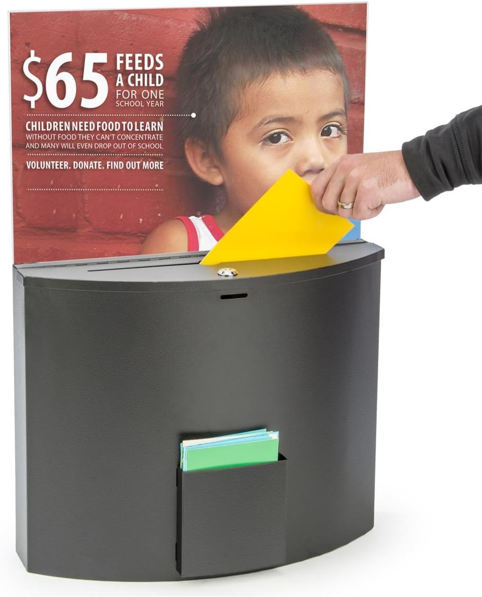 Ballot and Suggestion Box, Locking, Includes 17" x 11" Sign Holder, Pocket for Papers (Black, Metal)