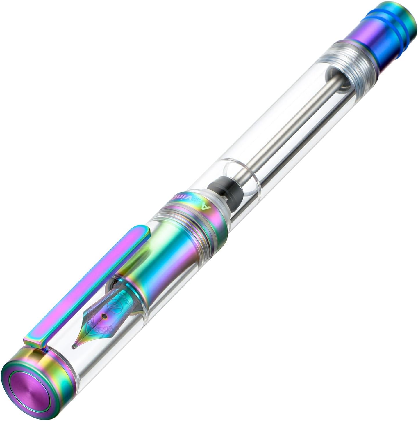Asvine V200 Titanium Fountain Pen Vacuum Filling, Rainbow Bock Extra Fine Nib Clear Demonstrator Acrylic with Pen Case and Wrench