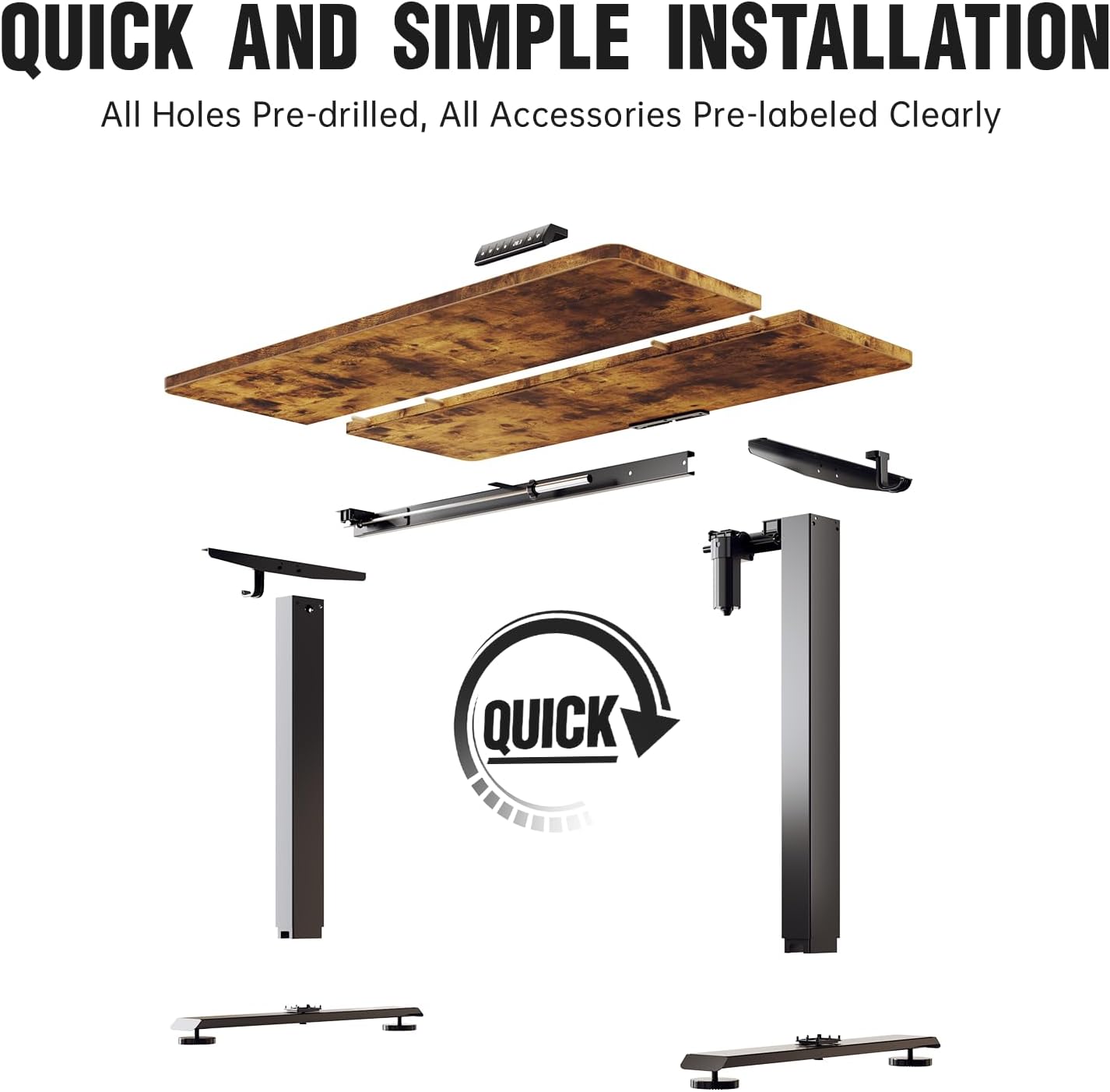 Veken 39.4" Small Electric Standing Desk, Height Adjustable Sit Stand Up, Wood Desktop, Work Home Office Computer PC Desks, Writing Study Bedroom Rising Table, Brown