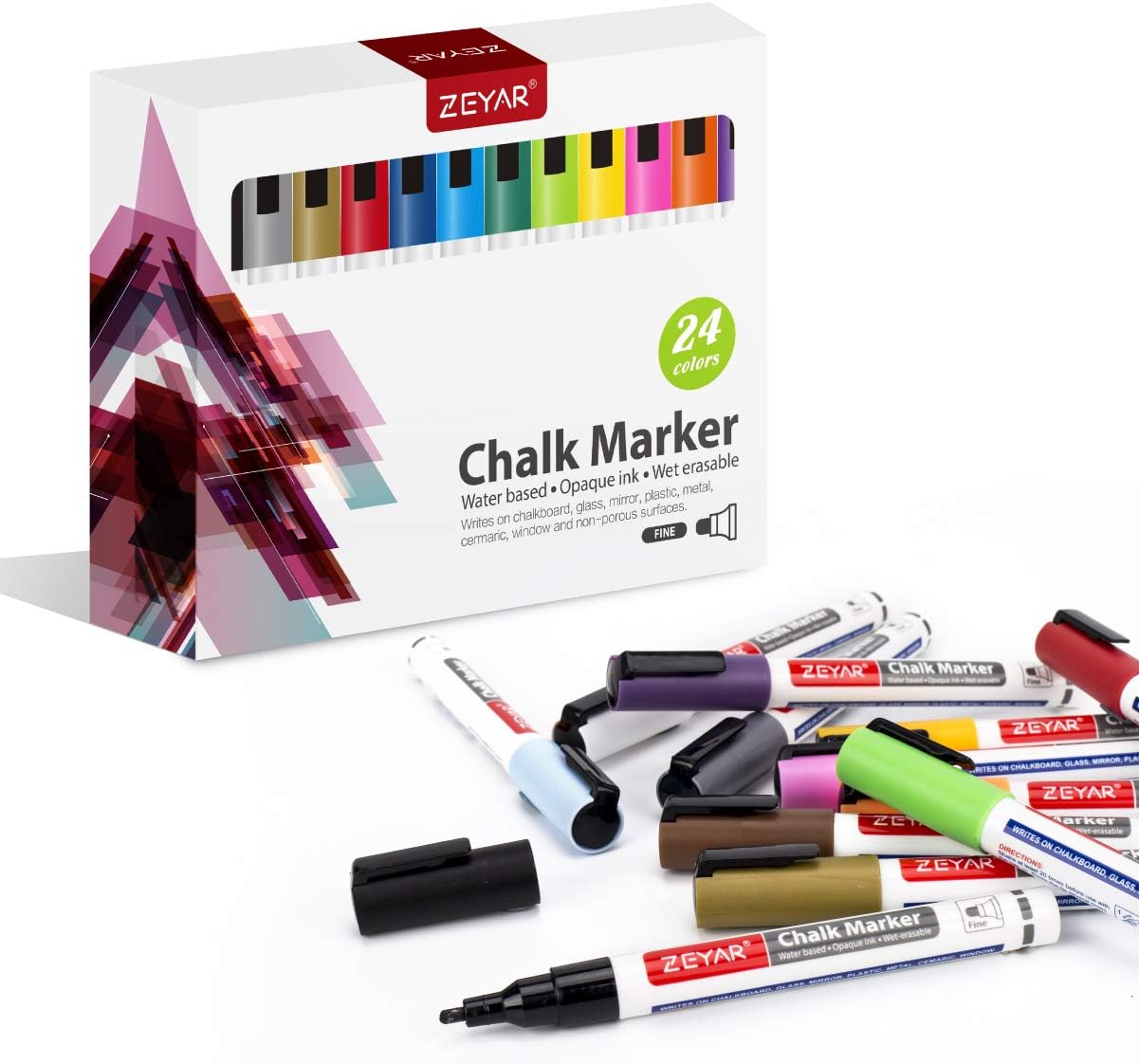 ZEYAR Liquid Chalk Marker-Wet Erase Marker, 24 Colors, 1.2mm Fine Tip for Detailed Drawing, Writes on Nonporous Chalkboards, Bistro Boards, Windows, Plastic and more (24 Colors)