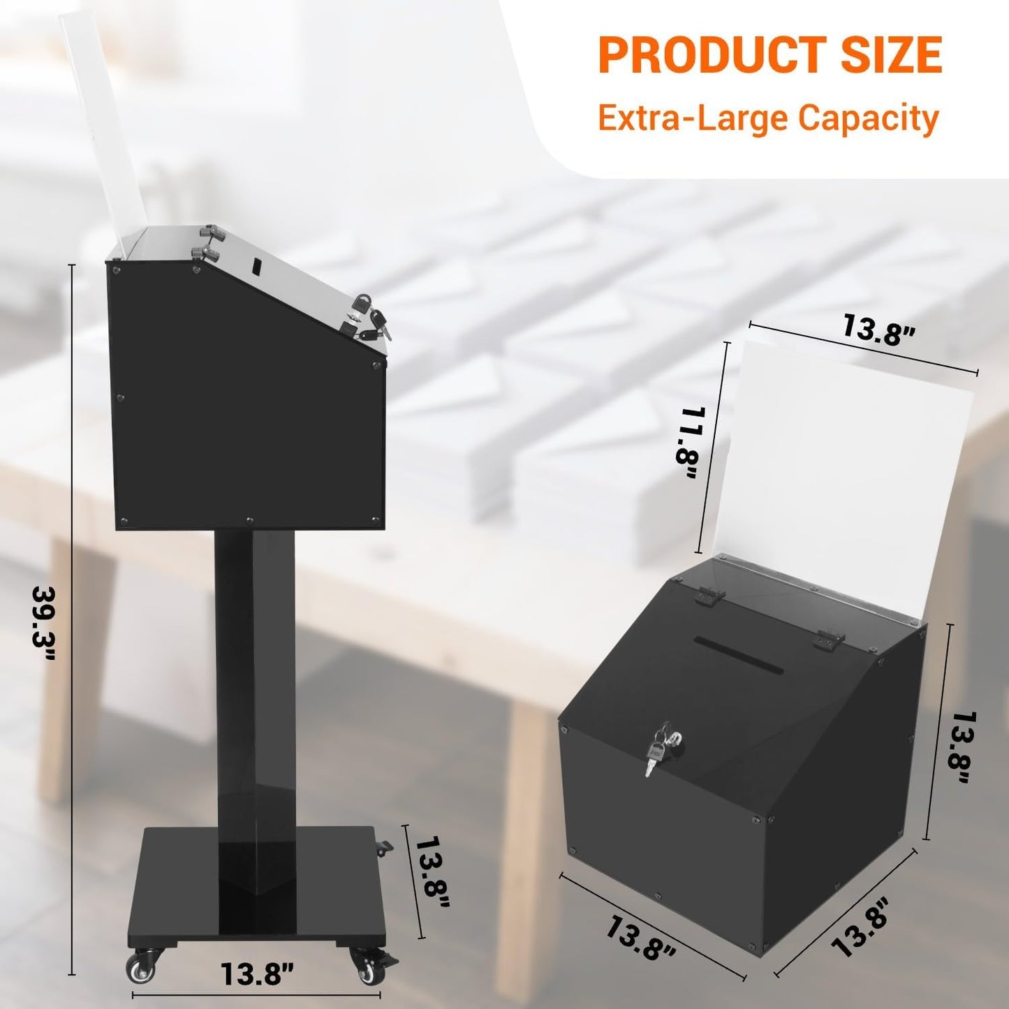 Acrylic Donation Box with Stand, Large Suggestion Box for Church, Drawing Raffle with Key and Lock, Secure Collection Box for Fundraising, Offering, Ballots, Feedback, Black