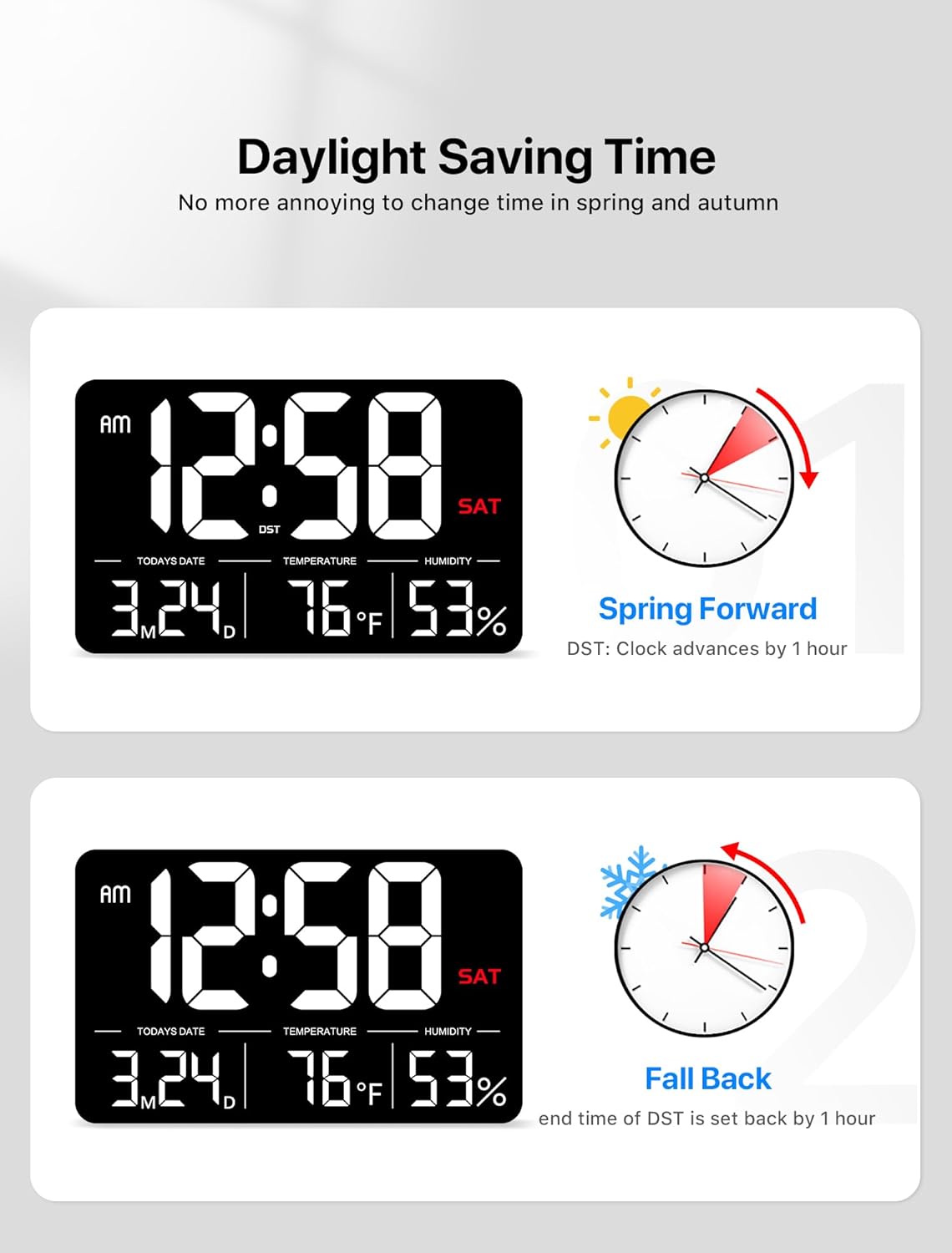 MASHI Digital Clock,13" Large Display Digital Wall Clock, Adjustable Brightness Calendar Clock with Day and Date,DST,Alarms,Humidity, Temperature for Desk, Wall Mounted, Gift for Elderly