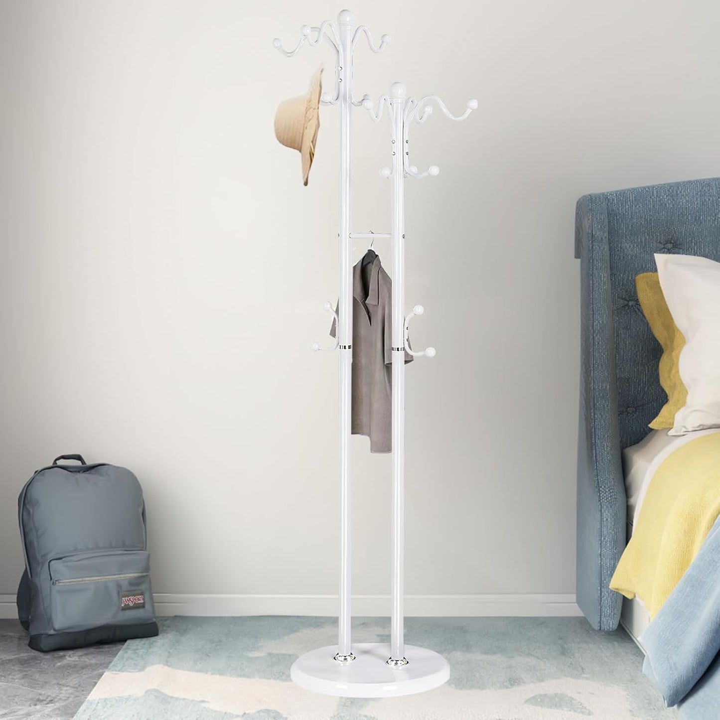 Metal Coat Rack with 17 Hooks, Double-pole Freestanding Coat Racks, Modern Coat Rack Stand and White Standing Coat Tree Holder Stand for Entryway