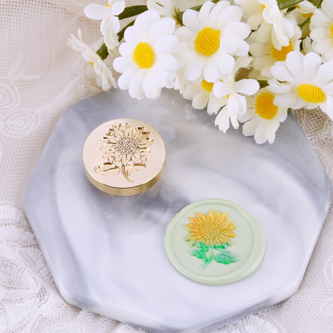 Wax Seal Stamp Set, 6 pcs Brass Head Wax Stamp & 1 Wooden Handle, 6 Botanical Designs (Rosemary, Sunflower, Ginkgo Leaf, Wreath, Leaves, Eucalyptus)