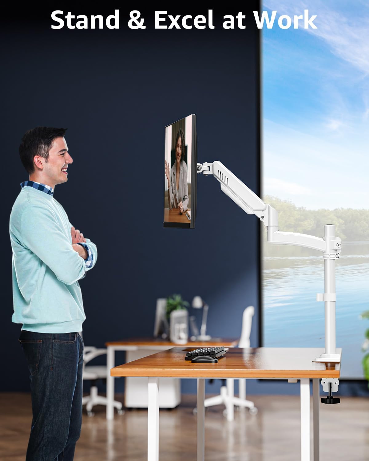 Single Monitor Arm Holds 4.4-22lbs, Monitor Stand for Desk, Height Adjustable Monitors Mount for 32 27 24 22inch, Full-Motion Monitors Desk Mount with C-Clamp&Grommet Base, Freelift White