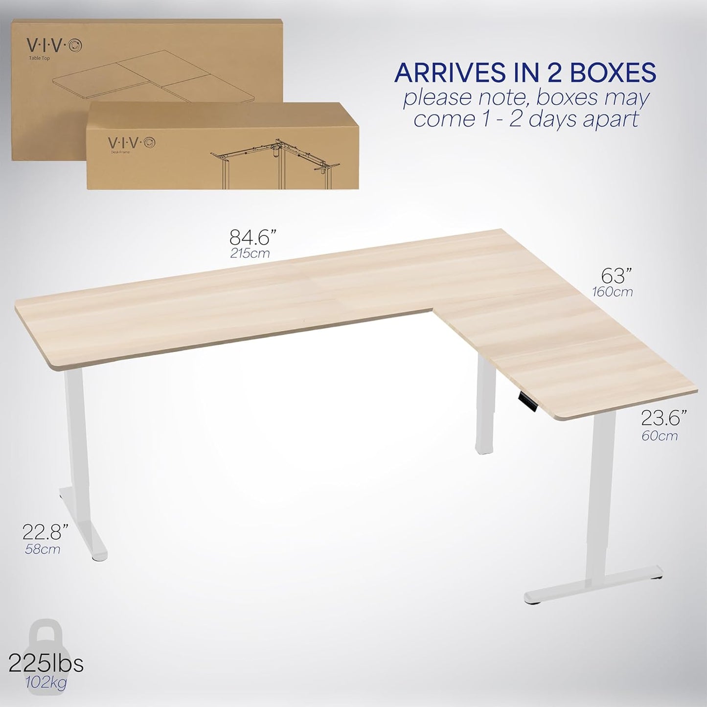 VIVO Electric Corner L-Shaped 84 x 63 in Standing Desk, Memory Height Adjustment, Light Wood Top White Frame, DESK-E3CTWC-84