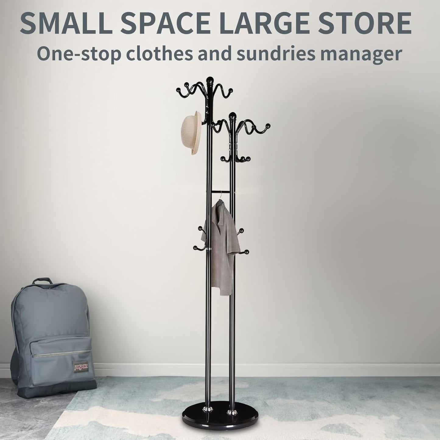 Coat Rack with Natural Marble Base, Metal Modern Coat Racks Freestanding, Coat Rack Stand with 12 Hooks, Coat Tree Hats Hanger Stand for Entryway, Hallway (17 Hooks-Black)