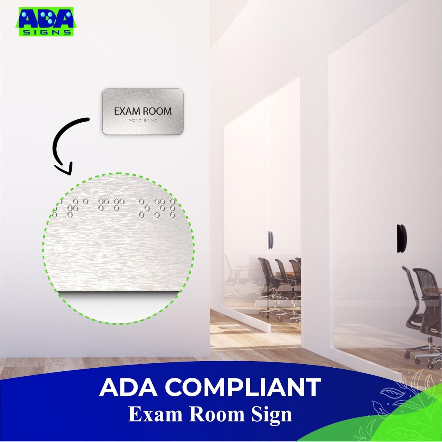 ADASigns Exam Room Sign 7" W x 4" H - Durable Brushed Aluminum with Grade 2 Braille - Easy Installation with Strong Double Sided Tape - ADA Compliant Medical Office Door Signs for Businesses & Offices