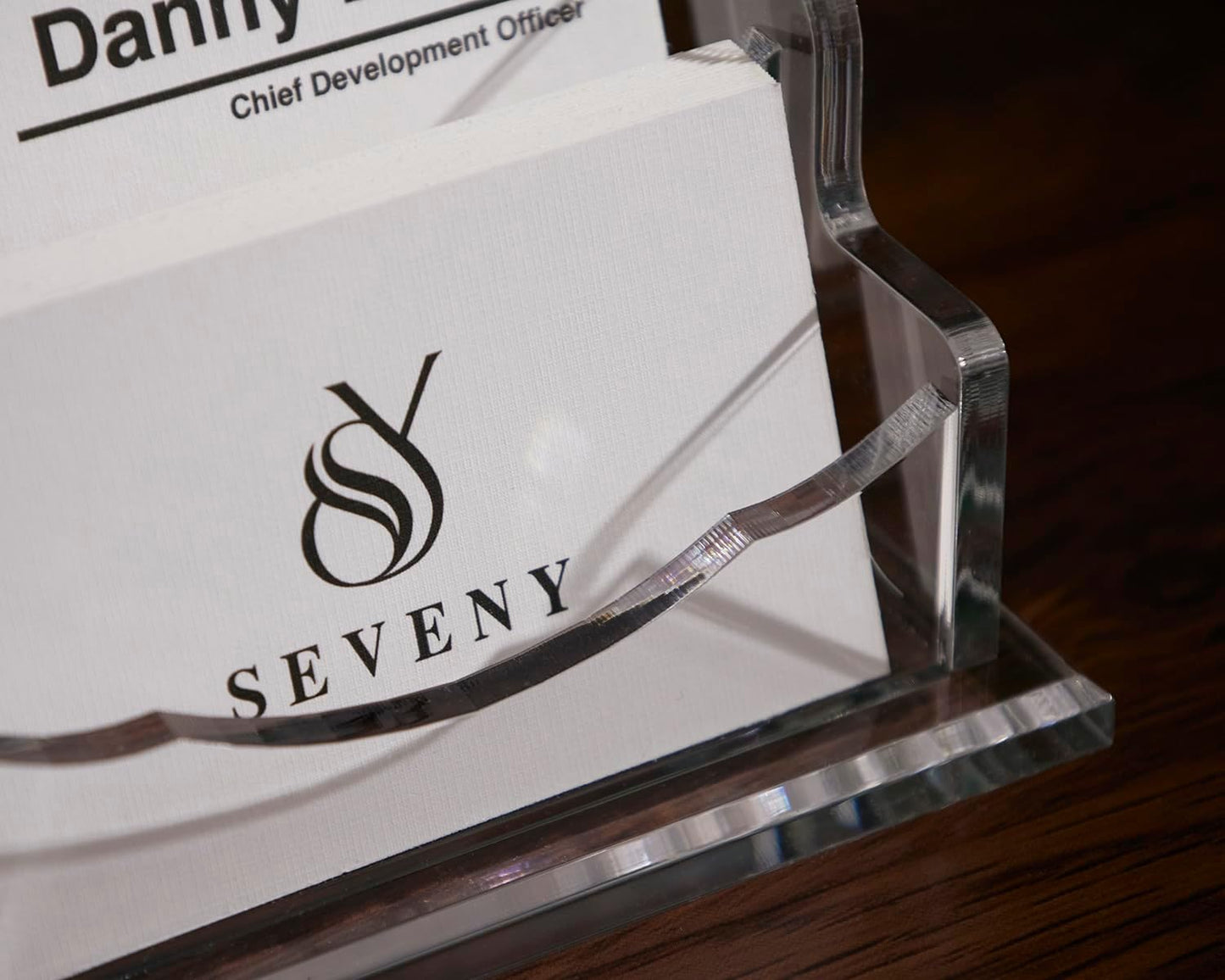 SEVENY Business Card Holder, Clear Acrylic Cards Organizer Stand for Men and Women, Business Cards Case Rack 1 Pack, Holds 180 Cards-3 Slot