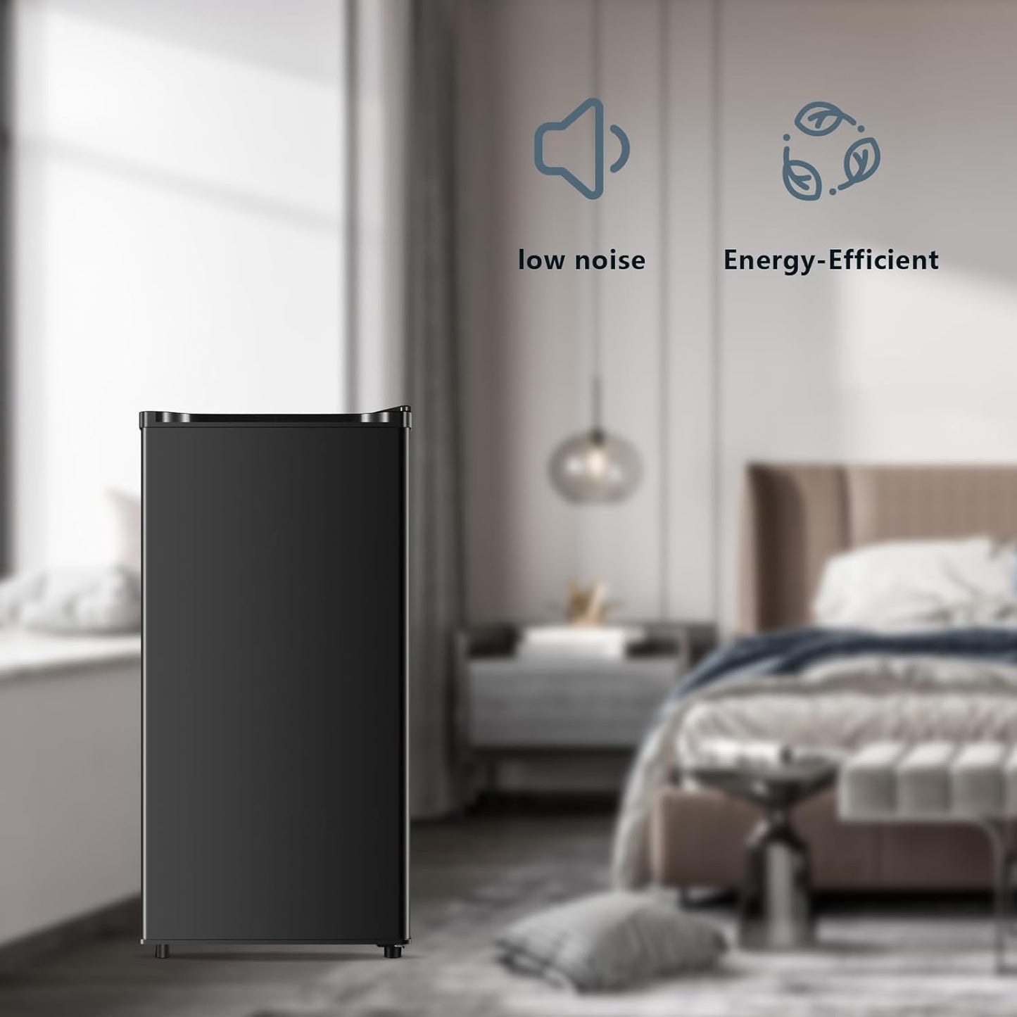 Seaoola Mini Fridge with Freezer, Single Door 3.1 Cu.Ft, Compact Mini Refrigerator, LED Light, Adjustable Thermostat, Removable Glass Shelves, Small Refrigerator for Dorm/Office/Bedroom(Black)