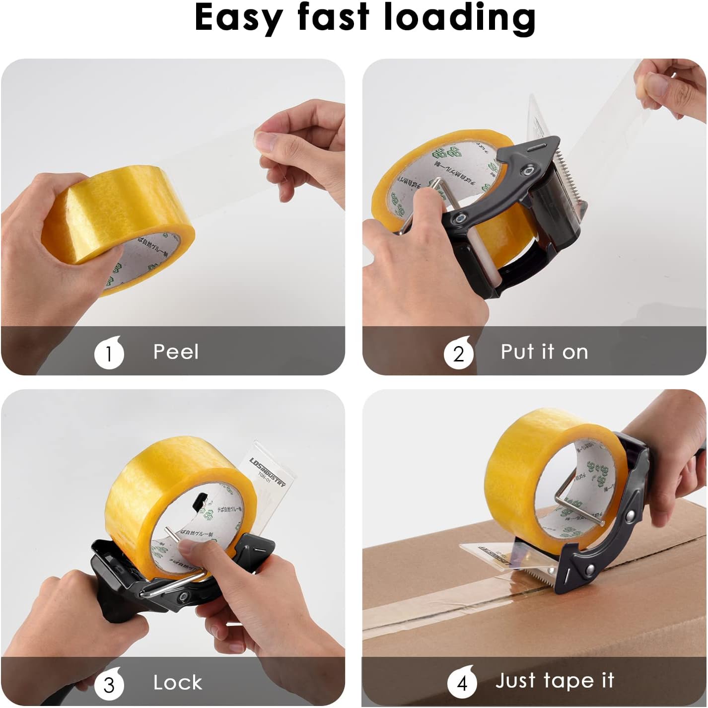Rapid-Replace Tape Dispenser Gun with 2 Inch X 60 Yard Tape Roll (Transparent) and Extra Blade, Lightweight Ergonomic Heavy Handheld Duty Tape Cutter for Packaging and Box Sealing Black