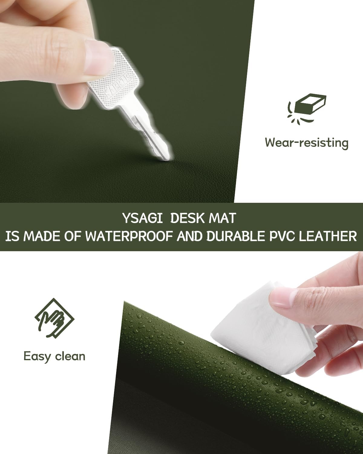 YSAGi Non-Slip Leather Desk Pad XL Size, Waterproof Laptop Computer Desk Keyboard Mat, Table Protector Blotter Mat, Large Mouse Pad for Office/Work/Home/Decor(Olive Green, 47.2" x 23.6")-No Band