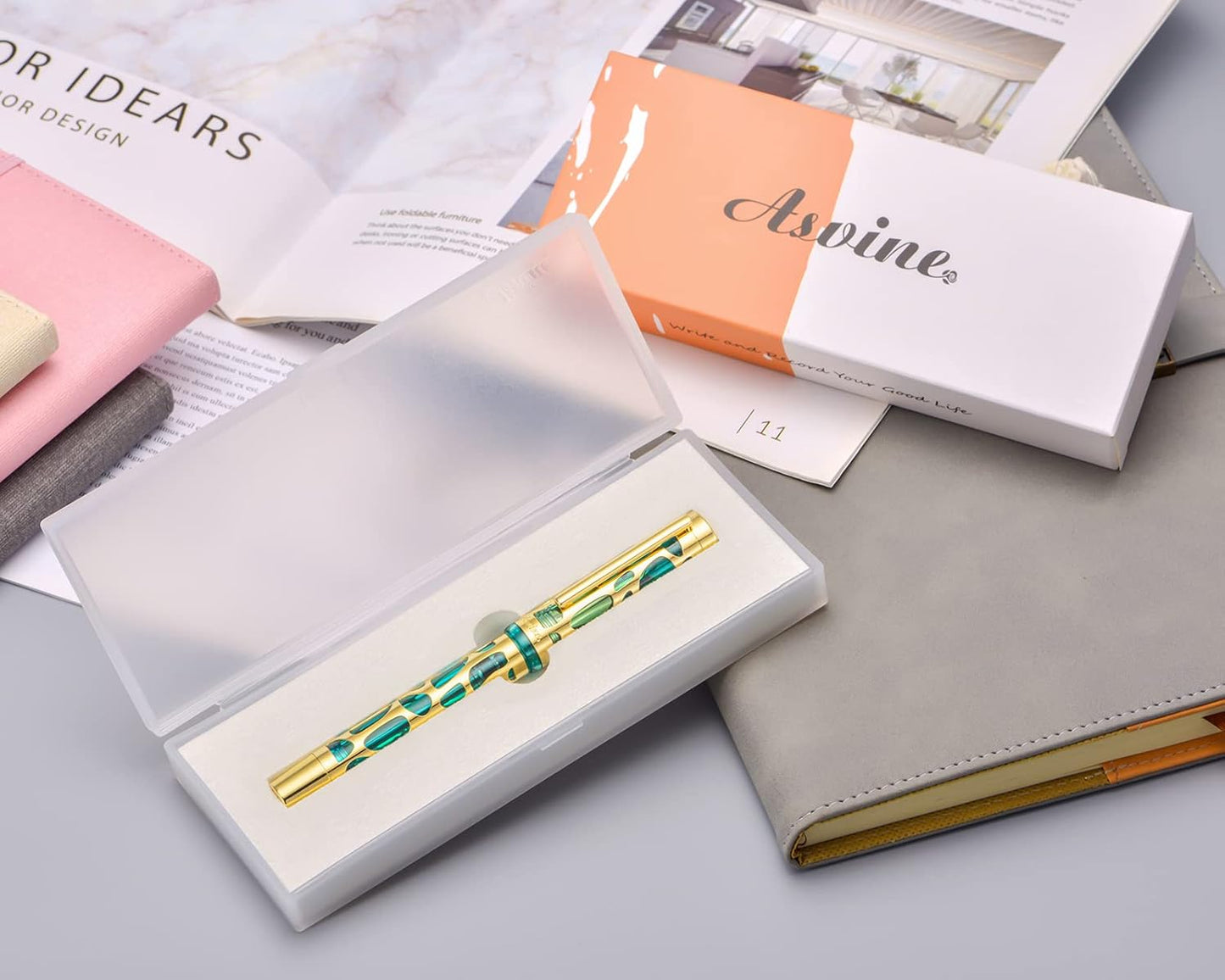Asvine V169 Vacuum Filling Fountain Pen Iridium Fine Nib, Water Drop Skeleton Gold Trim Transparent Green Acrylic Pen Case Set