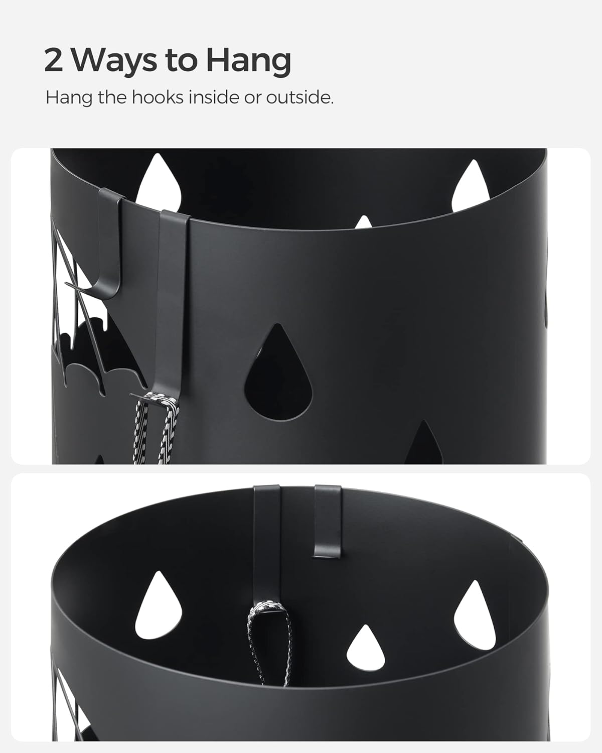 SONGMICS Umbrella Stand, Metal Umbrella Holder for Entryway, with Water Tray and 4 Hooks, 6.7 x 6.7 x 16.1 Inches, Round, Ink Black ULUC024B01