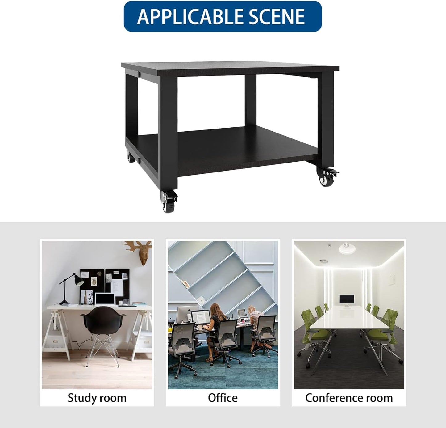 Natwind 2 Tiers Office Movable Laser Printer Copier Stand Cart Under Desk Heavy Duty Dark Brown Rolling Table with Storage Floor-Standing Holder on Wheels Fax Paper Organizer Shelf for Home (Black)